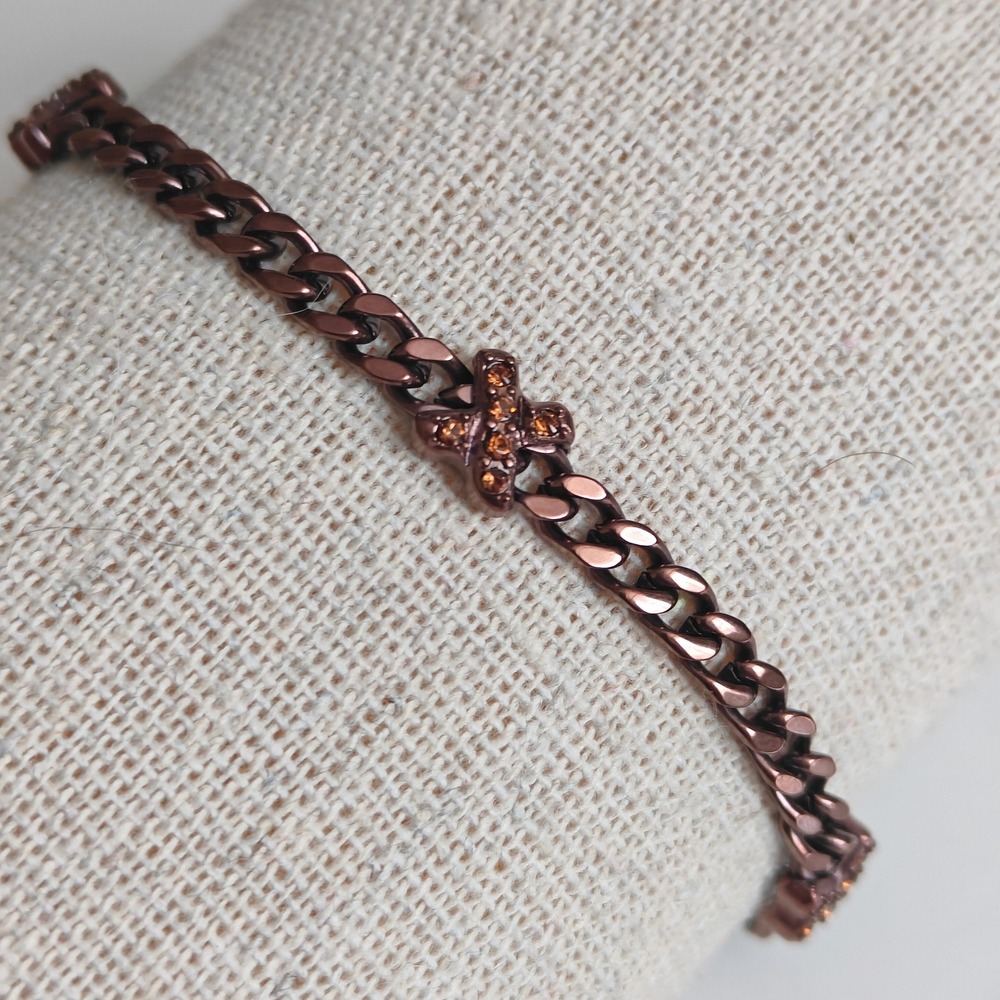 Brown Tone Metallic Curb Chain Bracelet Amber Rhinestone Crystal X‎ Stations